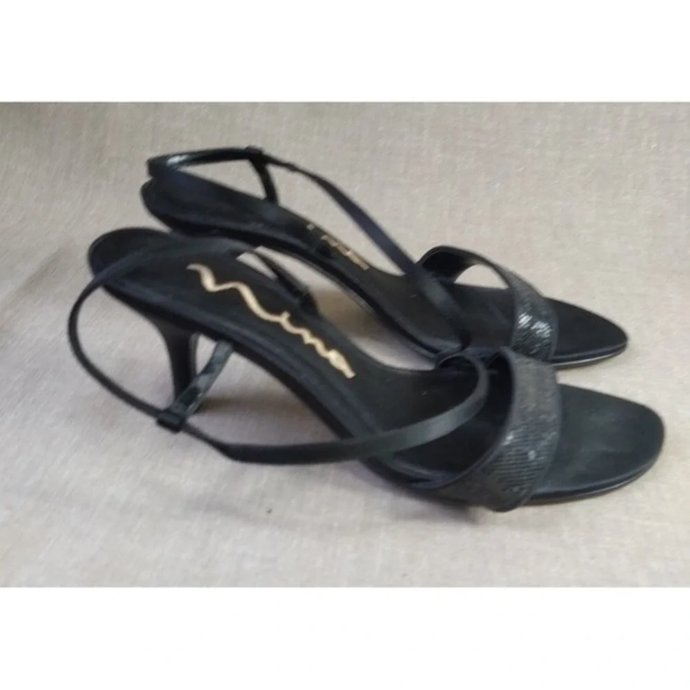 Nina‎ Black Open Toe Satin Evening Dress Pumps Sparkle Women's Size 6.5 M